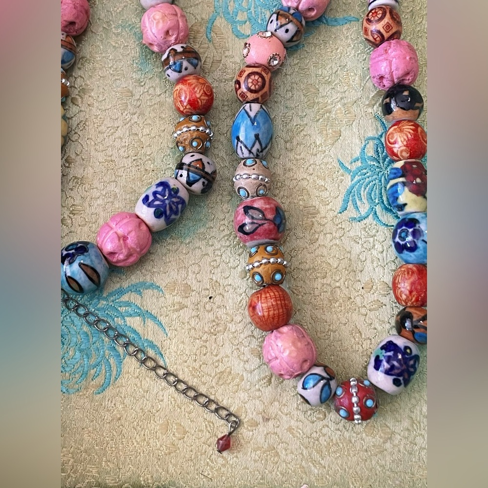 Vintage Handcrafted Chinese Porcelain Bead Necklace Ceramic Enamel Floral - Picture 2 of 12